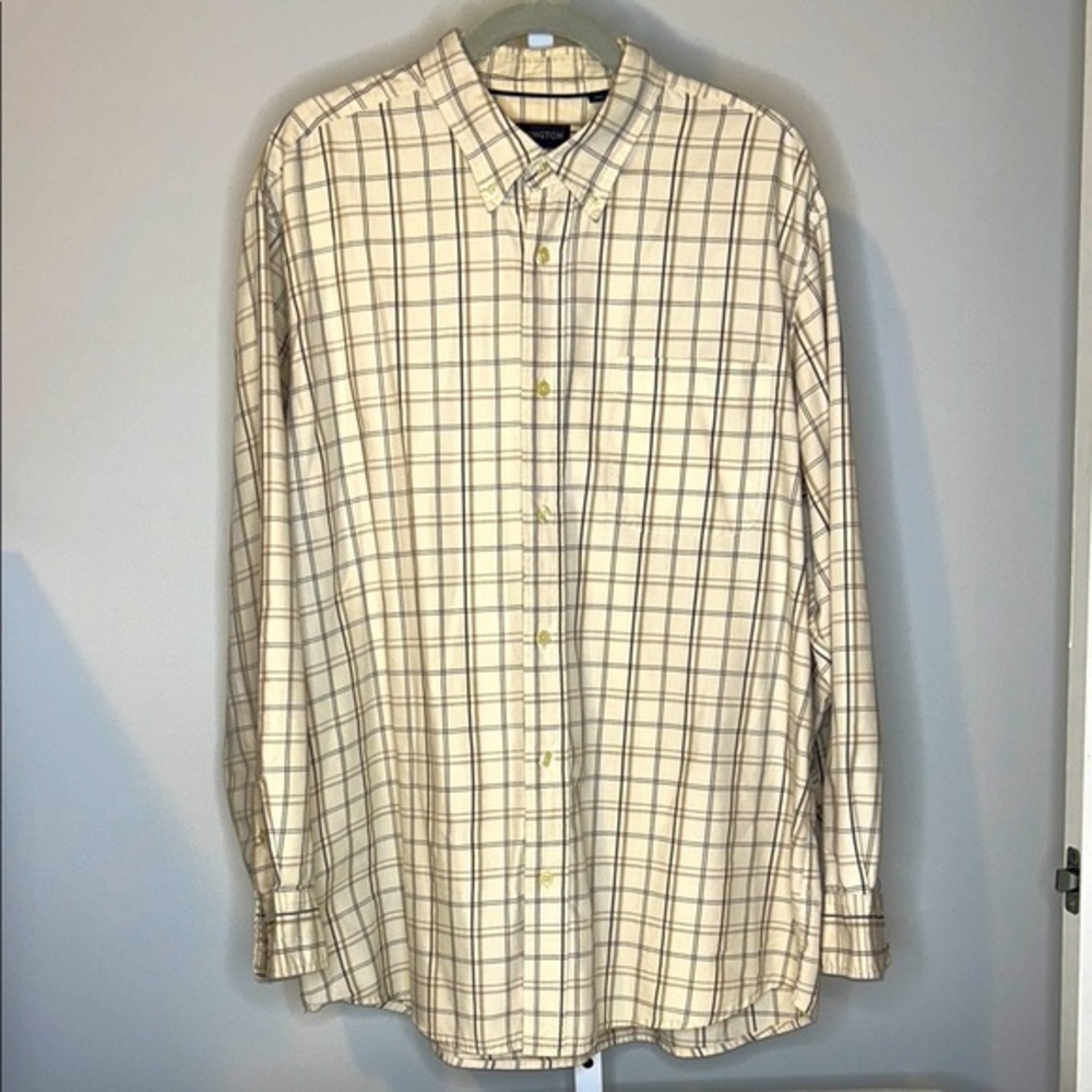 Covington Casual Button Down Shirt Tan and Blue Plaid Size XL